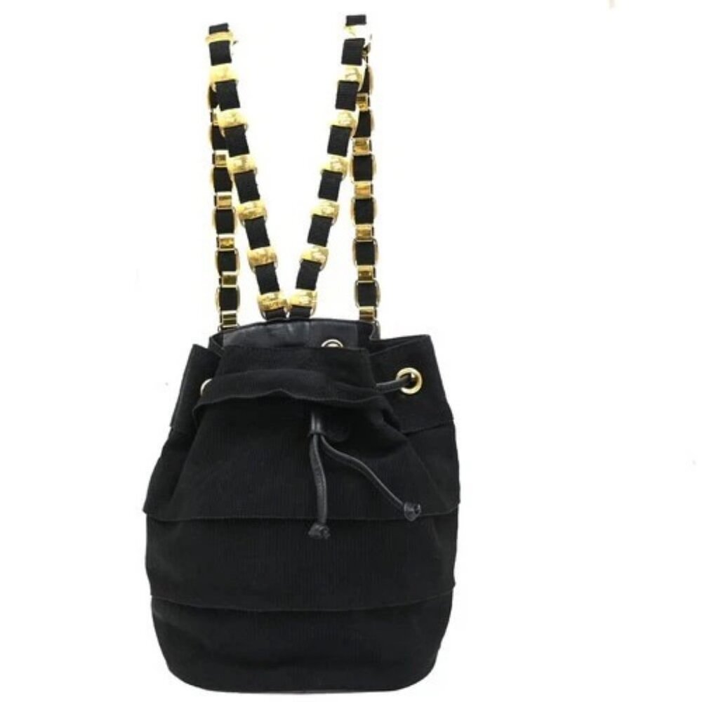 SALVATORE FERRAGAMO Vara Chain Backpack Bag Canvas Leather Black GHW 68EG222
